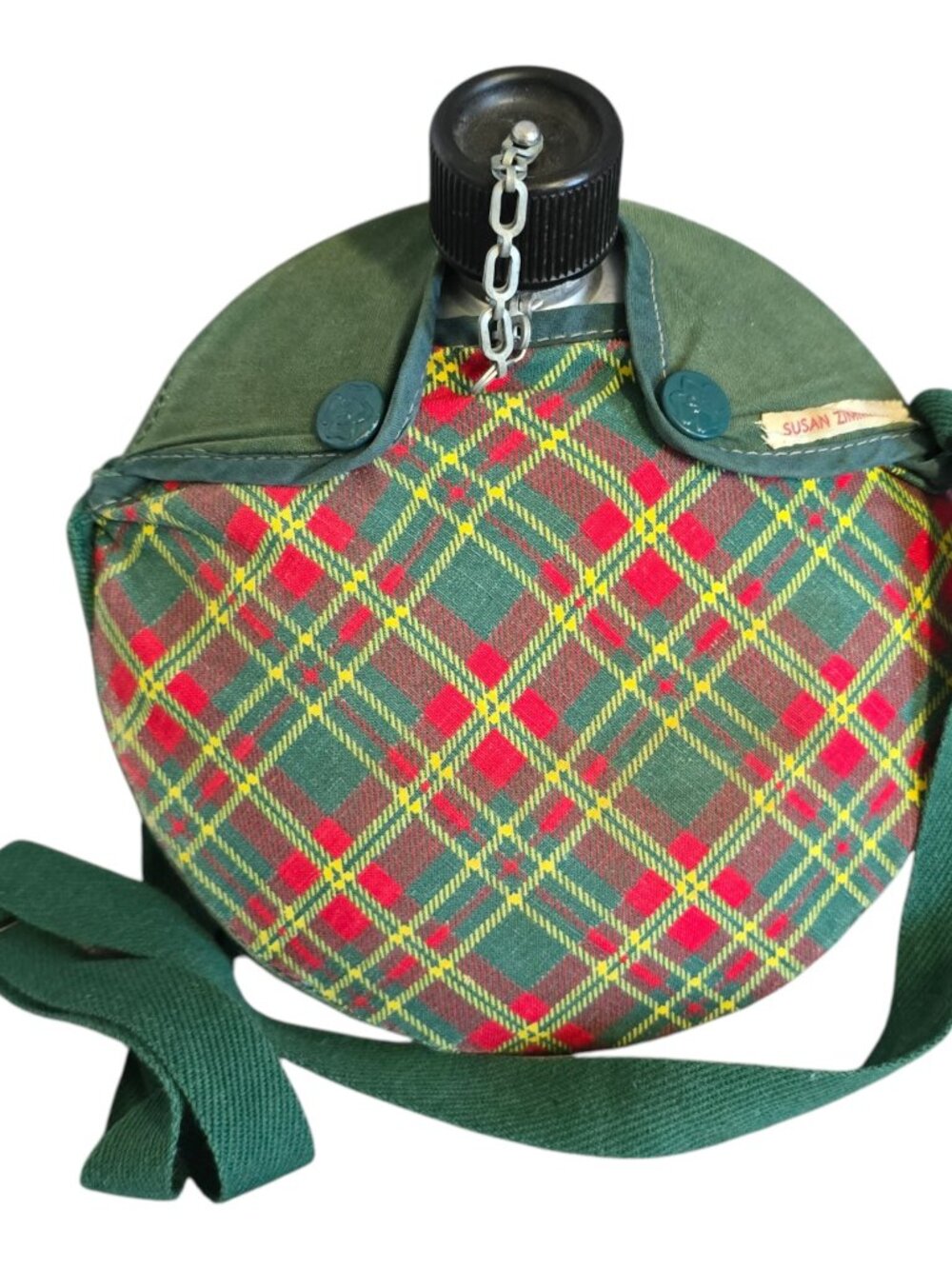 Vintage Official Girl Scouts All Aluminum Canteen w/ Plaid & Green Cover Strap